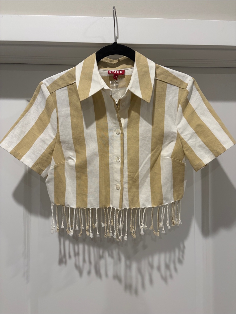 STAUD Striped Cropped Button-Down with Fringe Hem